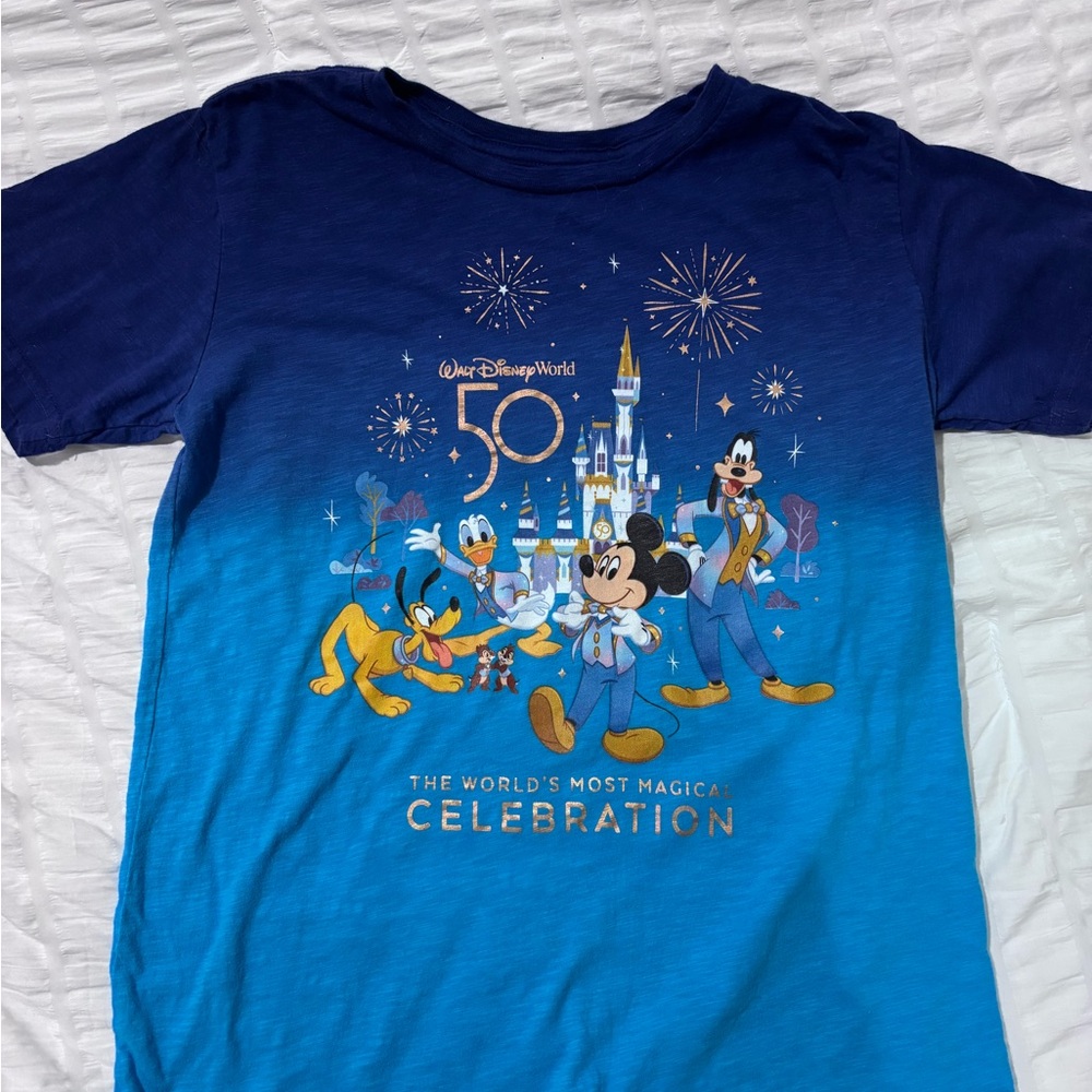 Disney World 50th Anniversary Shirt YOUTH Large Castle Celebration Mickey Blue